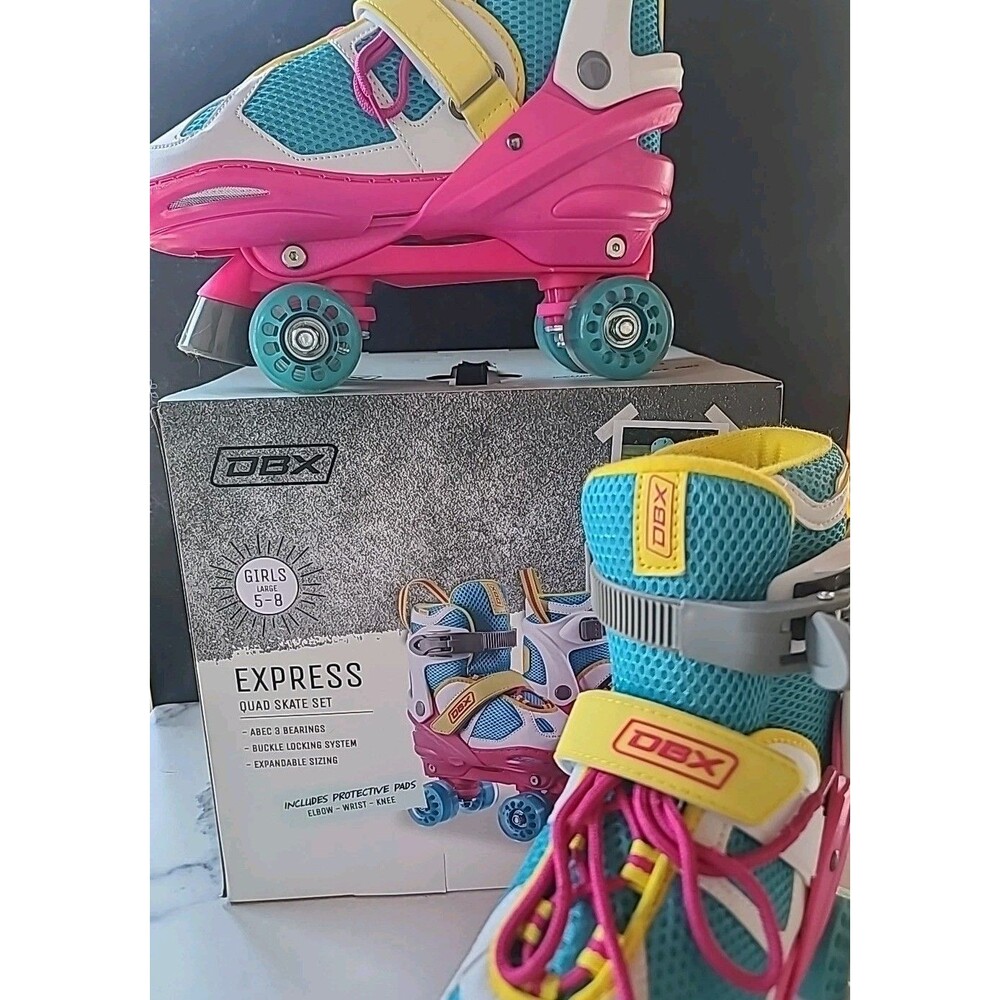 DBX Girls Large Sz 5-8 Express Quad Skate Set Roller Skates W/ Protective Pads